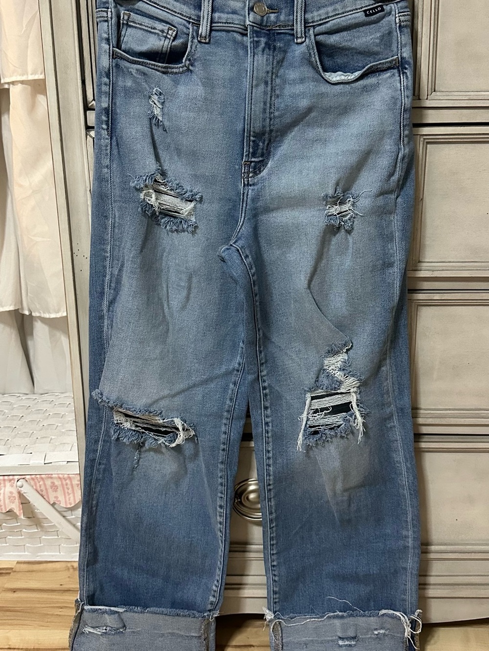 Cello Women Straight Leg Distressed Jeans - Light Blue